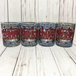 Set of 4 Vintage Cera Merry Christmas Double Old Fashioned Tiffany Stained Glass